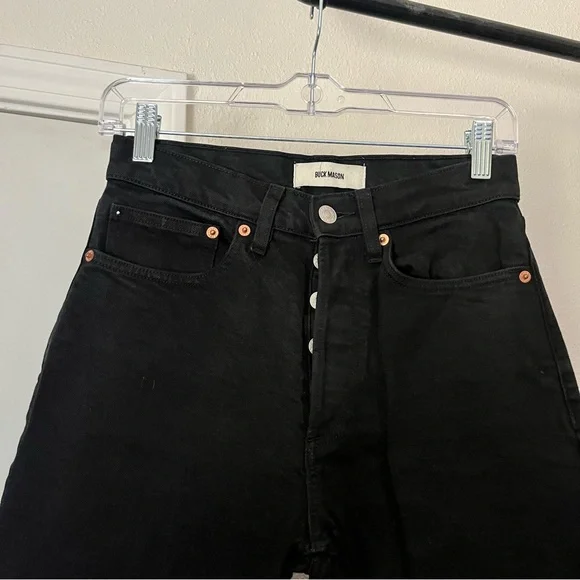 BUCK MASON black cotton denim high rise slim straight leg cropped jeans - Picture 2 of 5